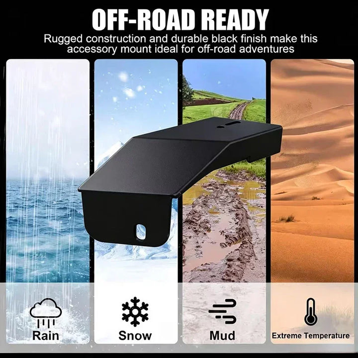 Rugged black metal accessory mount designed for durability in rain, snow, mud, and extreme heat.